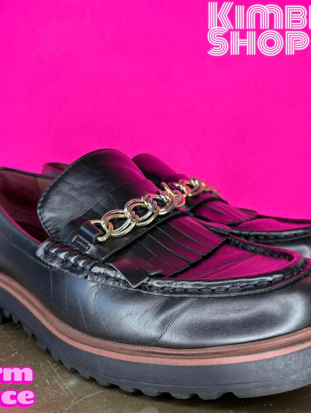 Franco Sarto Limit Moc Black Faux Leather Chainlink Lug Sole Loafer US 7.5 UK 5